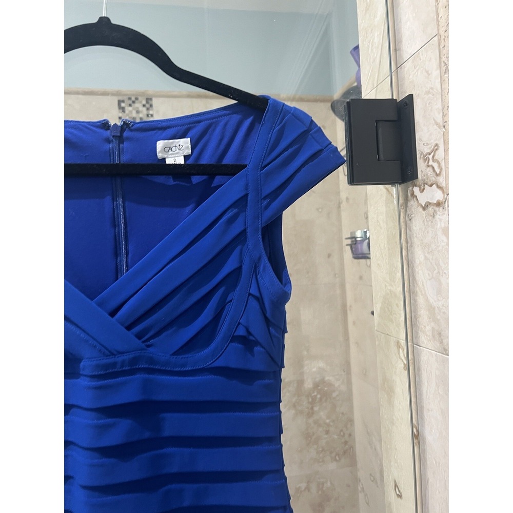 Cache Blue Thick Stretch Bandage Dress 2 Cap Sleeve Bodycon Cocktail V-Neck - Picture 4 of 12